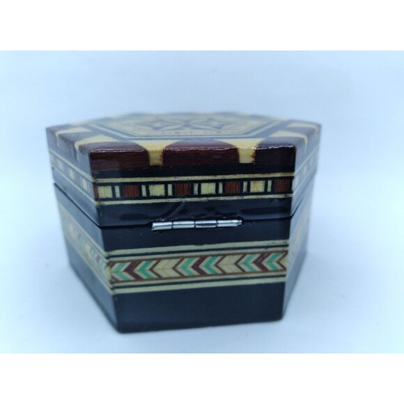 Handmade Taracea Wooden Moorish style 3.25" Hexagon trinket Box From Spain - Picture 3 of 12